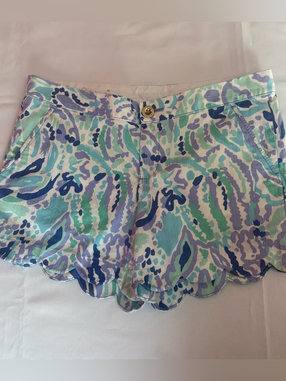 Lilly Pulitzer Buttercup Shorts Size 6 Scalloped Hem Paisley Blue Green Cotton